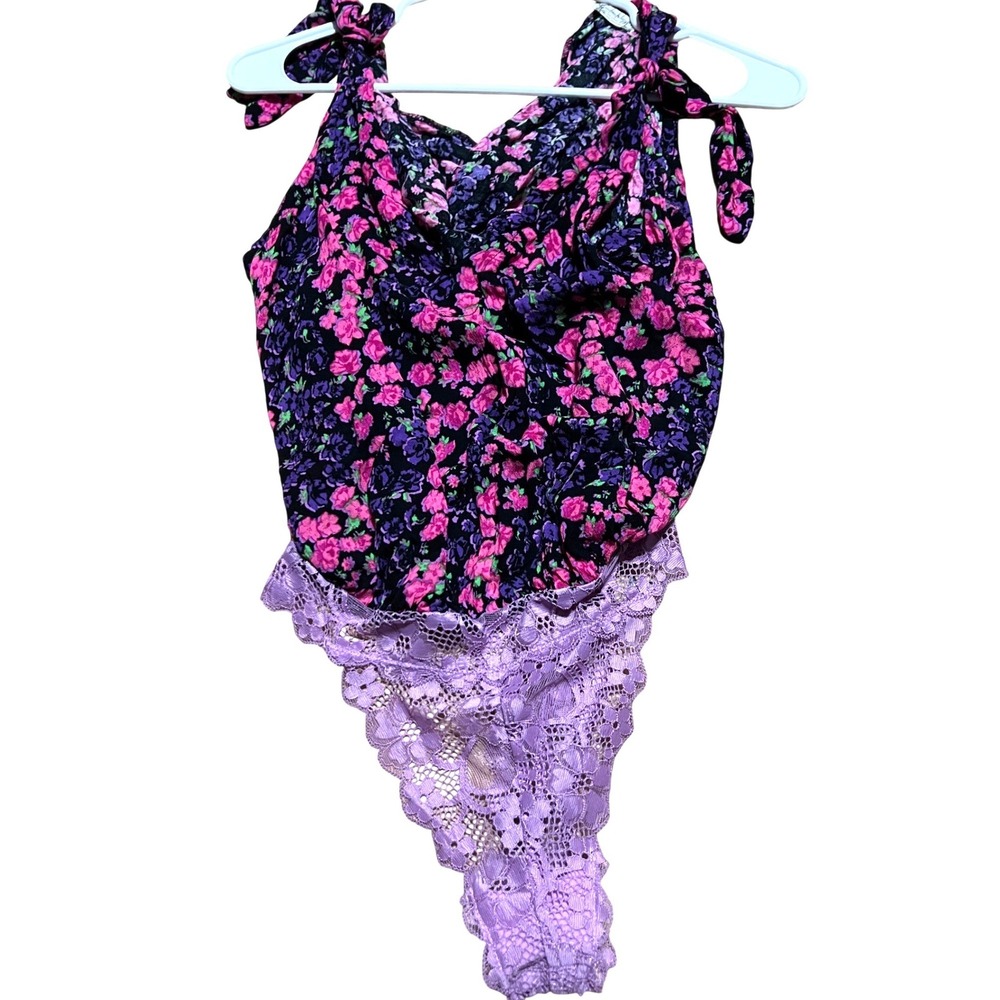 Intimately Free People Floral Halter Bodysuit Pink Purple Lace Trim Small